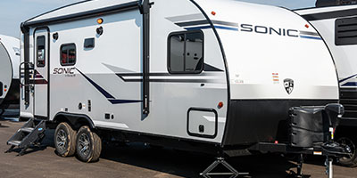 2020 Venture RV Sonic SN210VTB Travel Trailer Exterior Front 3-4 Door Side