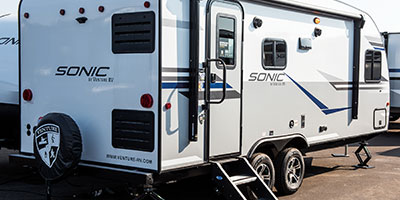 2020 Venture RV Sonic SN210VTB Travel Trailer Exterior Rear 3-4 Door Side