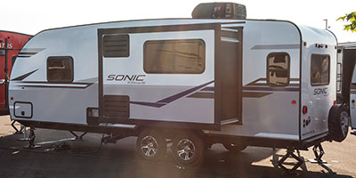 2020 Venture RV Sonic SN231VRL Travel Trailer Exterior Rear 3-4 Off Door Side