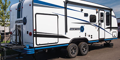 2020 Venture RV Sonic X SN211VDBX Travel Trailer Show Exterior Rear 3-4 Door Side