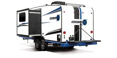 2020 Venture RV Sonic X SN220VRBX Travel Trailer Exterior Rear 3-4 Off Door Side with Slide Out