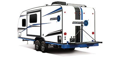 2020 Venture RV Sonic X SN220VRBX Travel Trailer Exterior Rear 3-4 Off Door Side