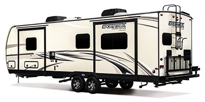 2019 Venture RV SportTrek Touring Edition STT293VRK Travel Trailer Exterior Rear 3-4 Off Door Side