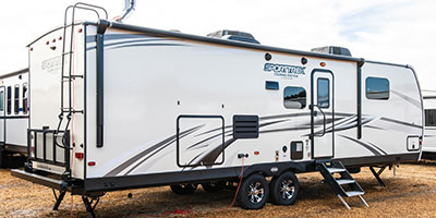 2019 Venture RV SportTrek Touring Edition STT302VRB Travel Trailer Exterior Rear 3-4 Door Side