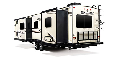 2019 Venture RV SportTrek Touring Edition STT333VFK Travel Trailer Exterior Rear 3-4 Off Door Side with Slide Out