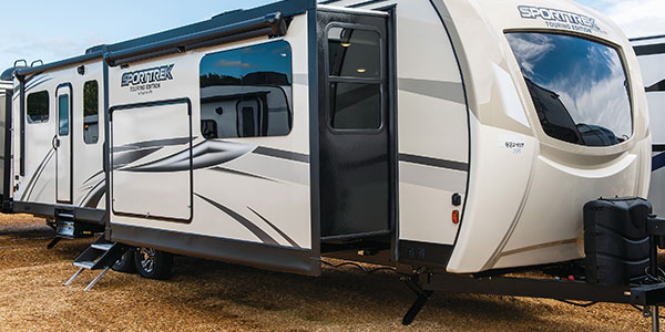 2019 Venture RV SportTrek Touring Edition STT333VFK Travel Trailer Show Exterior Front 3-4 Door Side