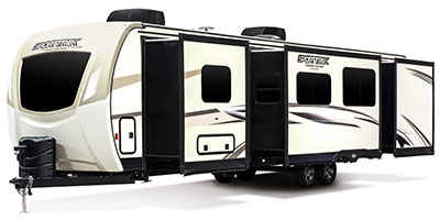 2019 Venture RV SportTrek Touring Edition STT343VBH Travel Trailer Exterior Front 3-4 Off Door Side wtih Slide Out