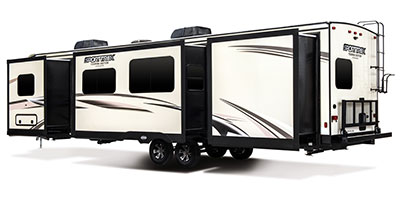 2019 Venture RV SportTrek Touring Edition STT343VBH Travel Trailer Exterior Rear 3-4 Off Door Side with Slide Out