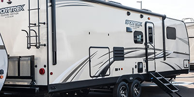 2020 Venture RV SportTrek Touring Edition STT302VRB Travel Trailer Exterior Rear 3-4 Door Side