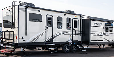 2020 Venture RV SportTrek Touring Edition STT333VFK Travel Trailer Exterior Rear 3-4 Door Side