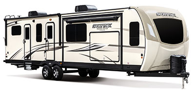 2020 Venture RV SportTrek Touring Edition STT333VMI Travel Trailer Exterior Front 3-4 Door Side