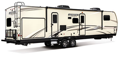 2020 Venture RV SportTrek Touring Edition STT343VBH Travel Trailer Exterior Rear 3-4 Door Side