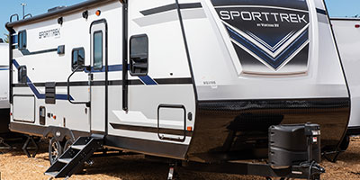 2019 Venture RV SportTrek ST270VBH Travel Trailer Exterior Front 3-4 Door Side