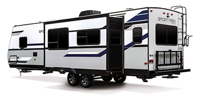 2019 Venture RV SportTrek ST312VIK Travel Trailer Exterior Rear 3-4 Off Door Side with Slide Out