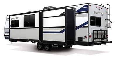 2019 Venture RV SportTrek ST320VIK Travel Trailer Exterior Rear 3-4 Off Door Side with Slide Out