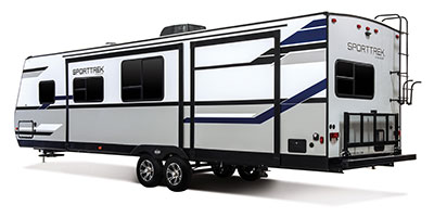 2019 Venture RV SportTrek ST320VIK Travel Trailer Exterior Rear 3-4 Off Door Side