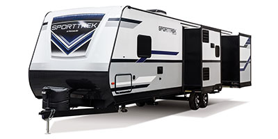 2019 Venture RV SportTrek ST327VIK Travel Trailer Exterior Front 3-4 Off Door Side with Slide Out