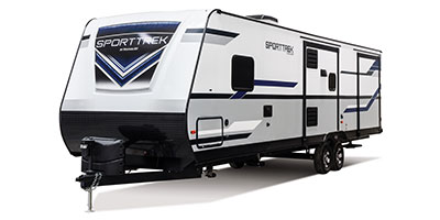 2019 Venture RV SportTrek ST327VIK Travel Trailer Exterior Front 3-4 Off Door Side