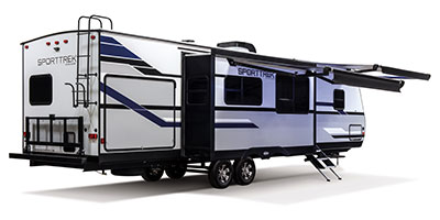 2019 Venture RV SportTrek ST327VIK Travel Trailer Exterior Rear 3-4 Door Side with Slide Out