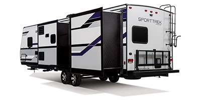 2019 Venture RV SportTrek ST327VIK Travel Trailer Exterior Rear 3-4 Off Door Side with Slide Out