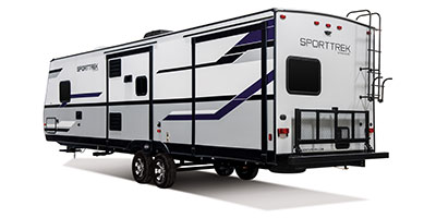 2019 Venture RV SportTrek ST327VIK Travel Trailer Exterior Rear 3-4 Off Door Side