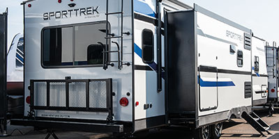 2019 Venture RV SportTrek ST312VIK Travel Trailer Exterior Rear 3-4 Door Side