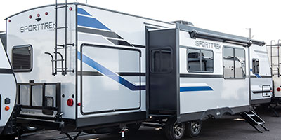 2020 Venture RV SportTrek ST327VIK Travel Trailer Exterior Rear 3-4 Door Side