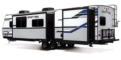 2020 Venture RV SportTrek ST332VBH Travel Trailer Exterior Rear 3-4 Off Door Side with Slide Out