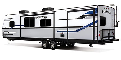 2020 Venture RV SportTrek ST332VBH Travel Trailer Exterior Rear 3-4 Off Door Side