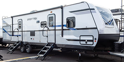 2019 Venture RV SportTrek ST332VBH Travel Trailer Exterior Front 3-4 Door Side