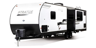 2019 Venture RV Stratus SR261VRK Travel Trailer Exterior Front 3-4 Off Door Side with Slide Out Shown in Polar White