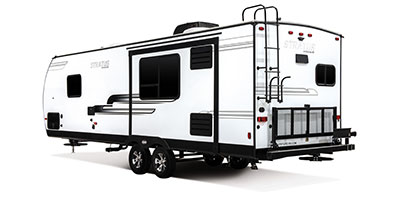 2019 Venture RV Stratus SR261VRK Travel Trailer Exterior Rear 3-4 Off Door Side Shown in Polar White