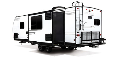 2019 Venture RV Stratus SR261VRK Travel Trailer Exterior Rear 3-4 Off Door Side with Slide Out Shown in Polar White