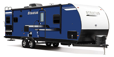 2019 Venture RV Stratus SR271VRS Travel Trailer Exterior Front 3-4 Door Side Shown in Indigo Blue