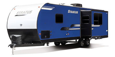 2019 Venture RV Stratus SR271VRS Travel Trailer Exterior Front 3-4 Off Door Side with Slide Out Shown in Indigo Blue