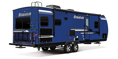 2019 Venture RV Stratus SR271VRS Travel Trailer Exterior Rear 3-4 Door Side Shown in Indigo Blue