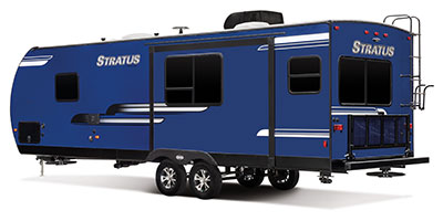 2019 Venture RV Stratus SR271VRS Travel Trailer Exterior Rear 3-4 Off Door Side Shown in Indigo Blue