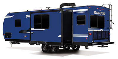 2019 Venture RV Stratus SR271VRS Travel Trailer Exterior Rear 3-4 Off Door Side with Slide Out Shown in Indigo Blue