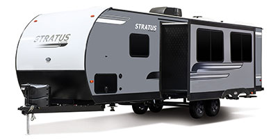 2019 Venture RV Stratus SR281VBH Travel Trailer Exterior Front 3-4 Off Door Side with Slide Out
