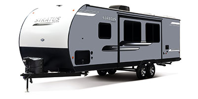 2020 Venture RV Stratus SR281VBH Travel Trailer Exterior Front 3-4 Off Door Side shown in Aztec Grey