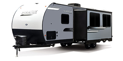 2020 Venture RV Stratus SR281VBH Travel Trailer Exterior Front 3-4 Off Door Side with Slide Out shown in Aztec Grey