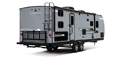 2020 Venture RV Stratus SR281VBH Travel Trailer Exterior Rear 3-4 Door Side shown in Aztec Grey