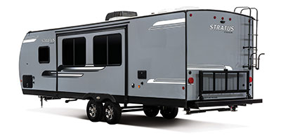 2020 Venture RV Stratus SR281VBH Travel Trailer Exterior Rear 3-4 Off Door Side shown in Aztec Grey