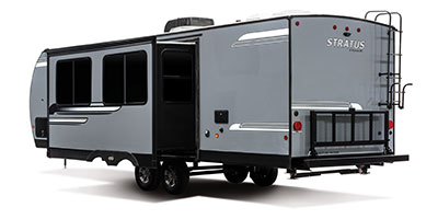 2020 Venture RV Stratus SR281VBH Travel Trailer Exterior Rear 3-4 Off Door Side with Slide Out shown in Aztec Grey