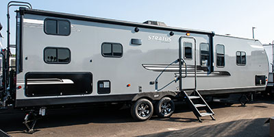 2020 Venture RV Stratus SR321VQB Travel Trailer Exterior Exterior Rear 3-4 Door Side shown in Aztec Grey