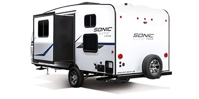 2021 Venture RV Sonic Lite SL169VUD Travel Trailer Exterior Rear 3-4 Off Door Side with Slide Out