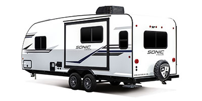 2021 Venture RV Sonic SN231VRL Travel Trailer Exterior Rear 3-4 Off Door Side