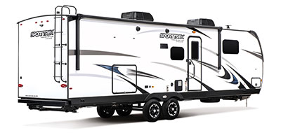 2021 Venture RV SportTrek Touring Edition STT302VRB Travel Trailer Exterior Rear 3-4 Door Side