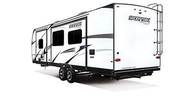 2023 Venture RV SportTrek Touring Edition STT302VRB Travel Trailer Exterior Rear 3-4 Off Door Side