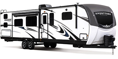 2023 Venture RV SportTrek Touring Edition STT343VIB Travel Trailer Exterior Front 3-4 Door Side